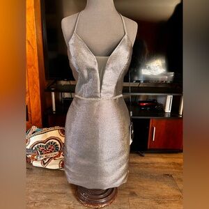 Metallic Silver Spaghetti-Strap Bodycon Dress  Zipper in back needs replaced